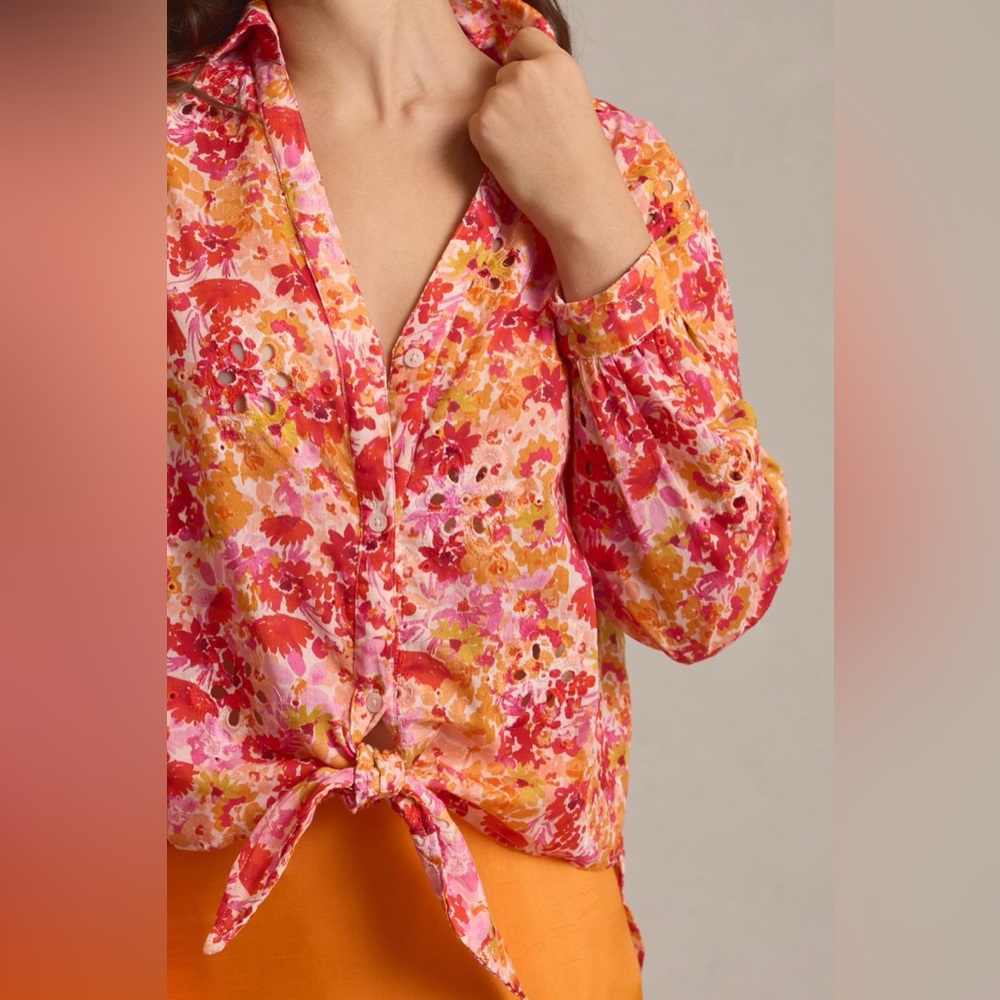 Anthropologie Maeve Tie Front Longline Floral Eyelet Blouse - Picture 13 of 13